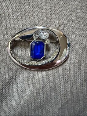 Park Lane Silver-Tone Brooch with Sapphire Blue and Clear Stones